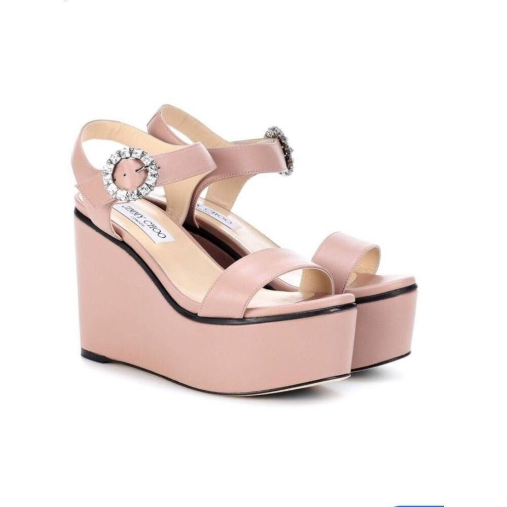 Jimmy Choo Jimmy Nylah 100 Crystal Buckle Leather Platform Wedge Sandals 41.5